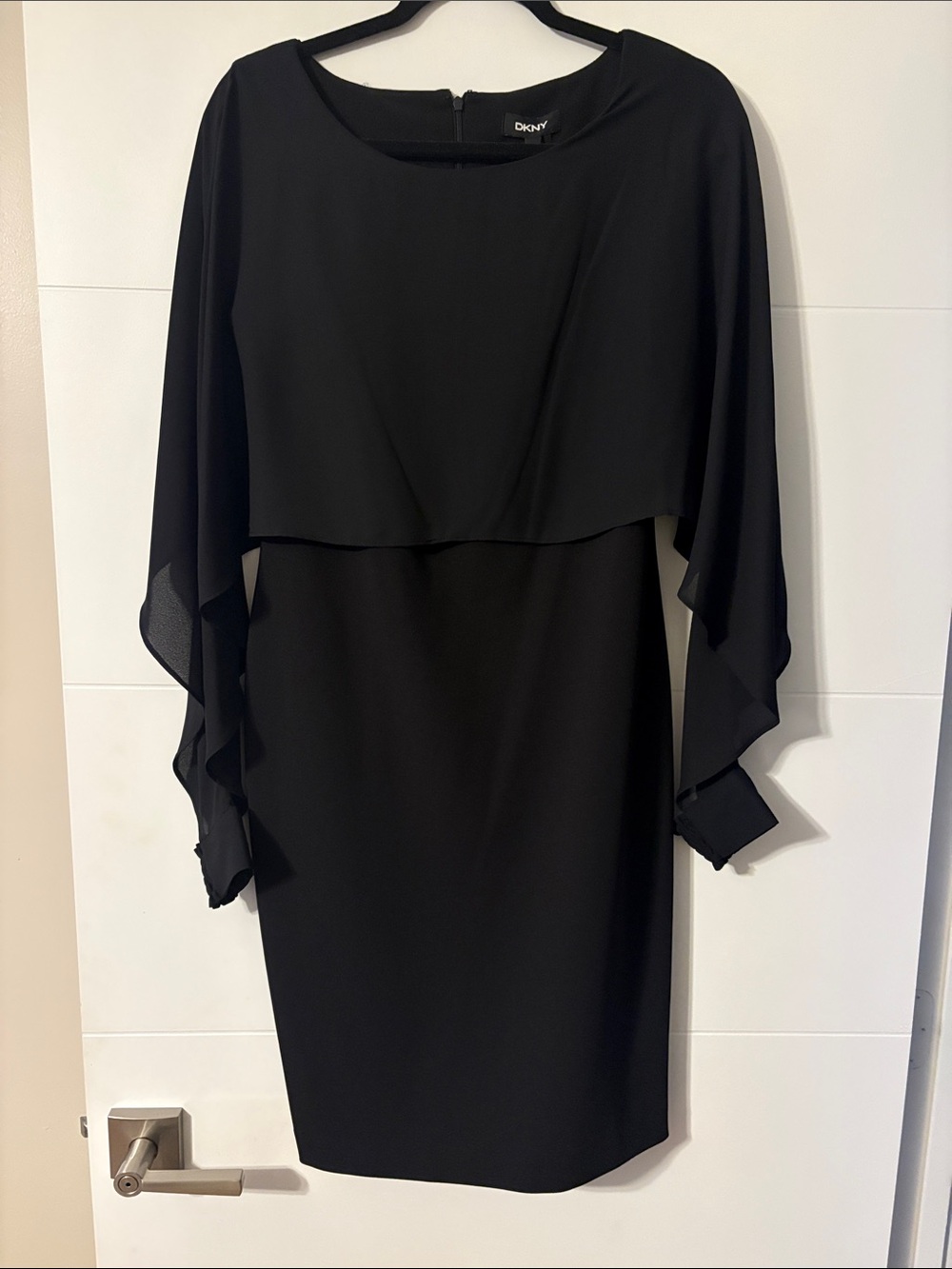 DKNY Black Knee Length Dress with Draped Cape Sleeves